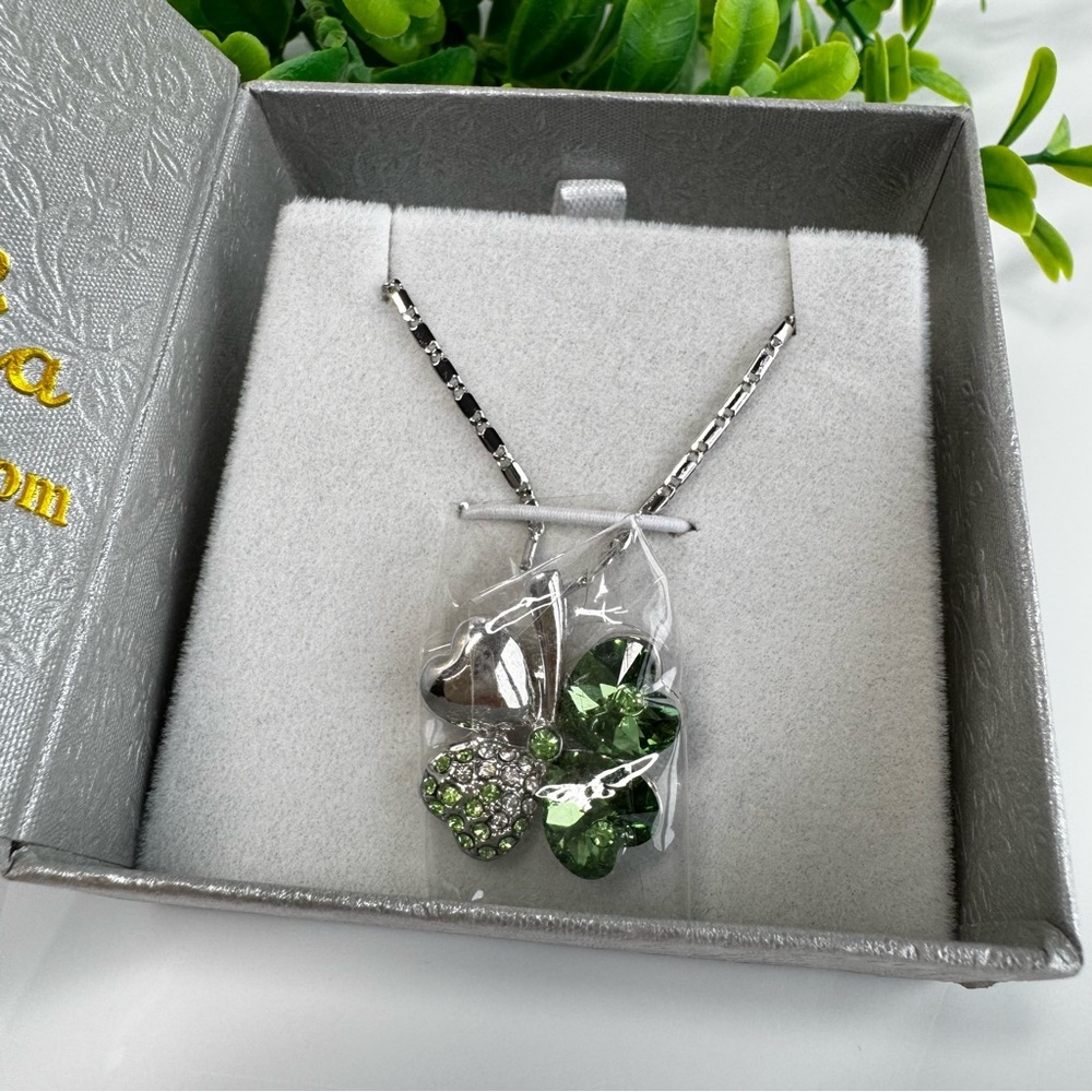 Dahlia Four Leaf Clover Pendant Necklace Green Swarovski Crystals Rhodium Plated